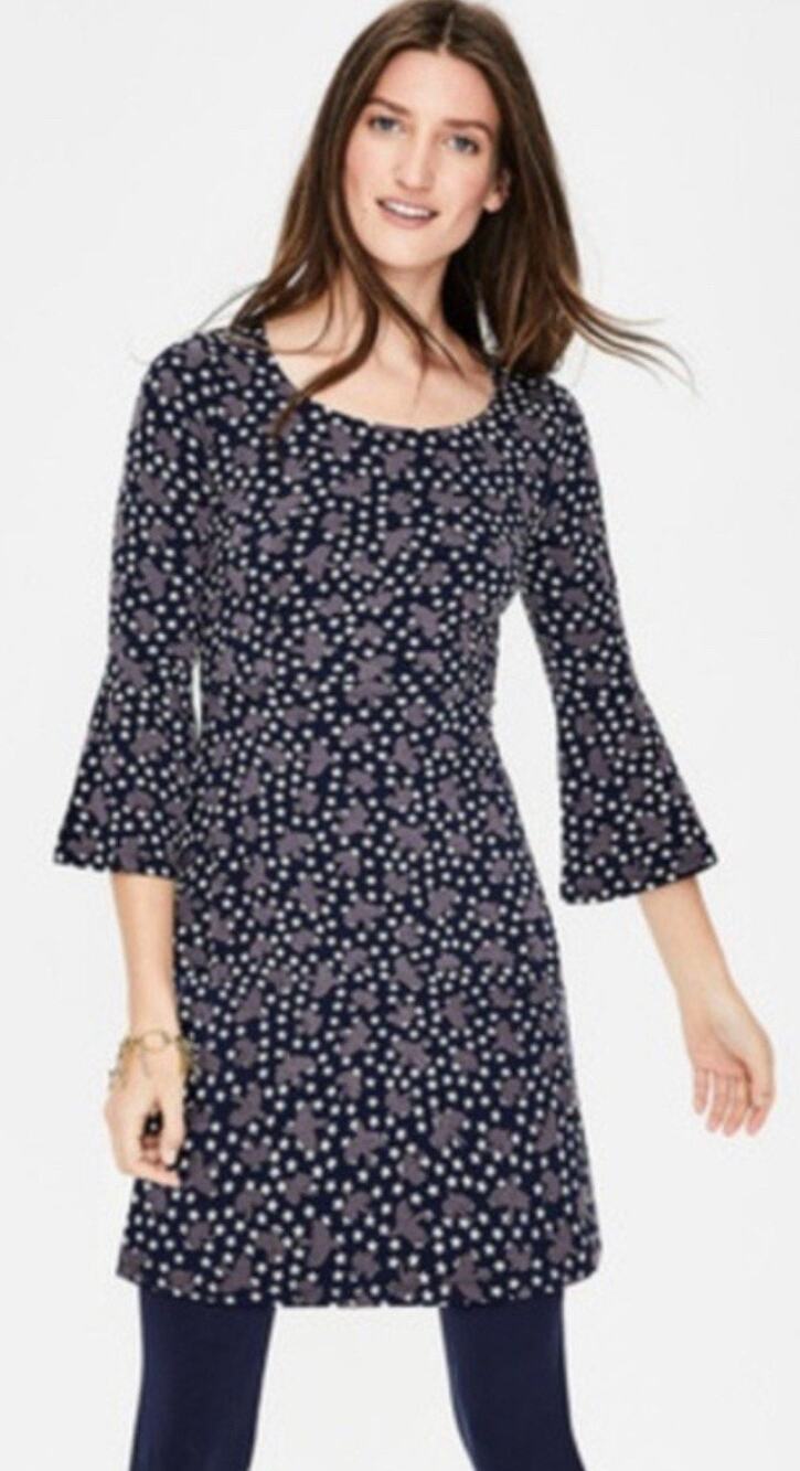 Boden Miriam jersey tunic dress navy blue bird print flare sleeve Womens size 6